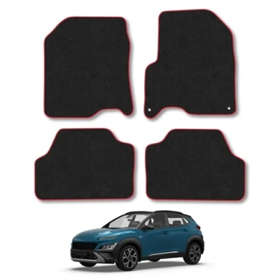 Image of Car Mats Compatible with Hyundai Kona Electric (2017 2023) Tailored Fit Red Carpet Floor Set Accessory Custom 4 Pieces Anti Slip Backing &amp; Binding Trim Edge