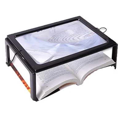 Image of A4 Desktop Magnifying Glass Hand free Rectangular Full Page Magnifier 4 LED Lights Illuminated 3X Reading Foldable Large Chest Hanging For Inspection Sewing Knitting