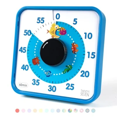 Image of Countdown Timer 7.5 inch; 60 Minute 1 Hour Visual Classroom Teaching Tool Office Meeting, Mechanical Clock for Kids Exam Time Management Magnetic, Blue, Fish Pattern