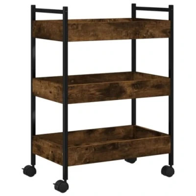 Image of vidaXL Kitchen Trolley in Smoked Oak Engineered Wood Rolling Cart with Steel Frame for Storage, Lockable Wheels 50x30x70 cm