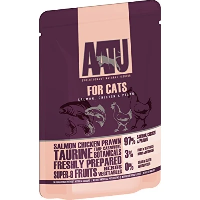 Image of AATU 97/3 Complete Wet Cat Food, Salmon, Chicken &amp; Prawn (10x85g) Grain Free Recipe, No Artificial Ingredients, Easy Tear Pouches
