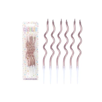 Image of Henbrandt Pack of 6 Rose Gold Wavy Party Candles with Candle Holders, 12cm Spiral Twist Tall Thin Celebration for Birthday Cakes Baby Shower and Anniversary Decorations