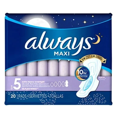 Image of Always Maxi Feminine Pads for Women, Size 5 Extra Heavy Overnight Absorbency, with Wings, Unscented, Pack of 20