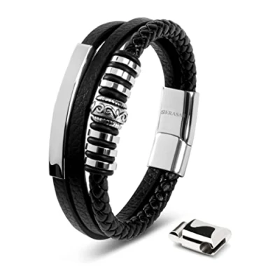 Image of SERASAR Mens Silver Bracelets 23cm Bracelet Men Gift Box Genuine Leather Cowhide Braided Magnetic Clasp Multi Layer Wrap Rope Man Mans Male Band Jewelry Magnet Accessories