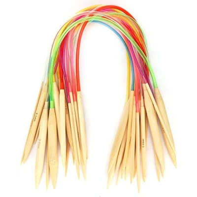Image of Hilitand 18pcs Bamboo Knitting Needle Set Color Double Pointed Circular with Clear Tube for Process (60cm/23.6in)