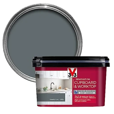Image of V33 Renovation Cupboard &amp; Worktop Paint Charcoal Grey 2L No Undercoat Durable Finish High Resistance To Water, Stains Scratches Washable Resistant Cleaning Products