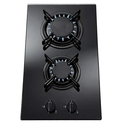 Image of SIA GHG302BL 30cm 2 Burner Black Glass On Gas Domino Hob With Enamel Pan Stands