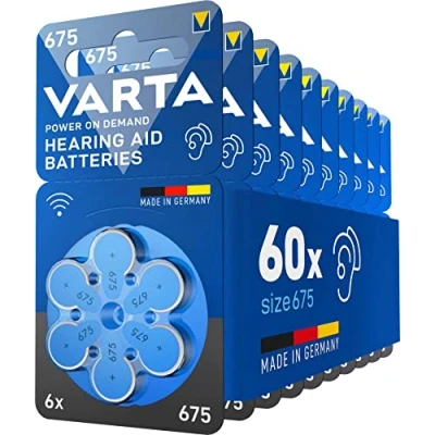 Image of Varta Power on Demand Hörgerätebatterien Typ 675 blau, Batterien 60 Stück Vorratspack, wireless approved, Größe p für Hörgeräte und Hörhilfen, high hearing level, quecksilberfrei, Made in Germany