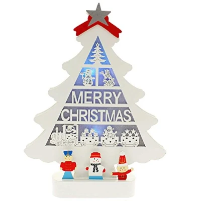 Image of WeRChristmas Pre Lit Wooden Christmas Tree with Slow Colour Changing LED Silhouette Decoration, 30 cm
