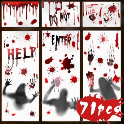 Image of OWill Halloween Window Decorations, 71PCS Zombie Posters Ghost Stickers Blood Handprints Footprints Wall Stickers,Halloween for Indoor Outdoor