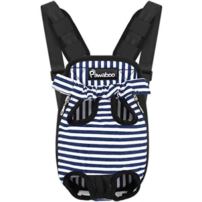 Image of Pawaboo Pet Carrier Backpack, Adjustable Front Cat Dog Backpack Travel Bag, Legs Out, Easy Fit for Traveling Hiking Camping Small Medium Dogs Cats Puppies, Medium, Blue &amp; White Stripes