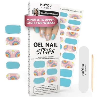 Image of MOYOU LONDON Semi Cured Gel Nail Strips 20 Pcs. Wraps for Salon Quality Manicure Works with Any UV Lamp Easy to Apply, Trim, &amp; Remove Stickers