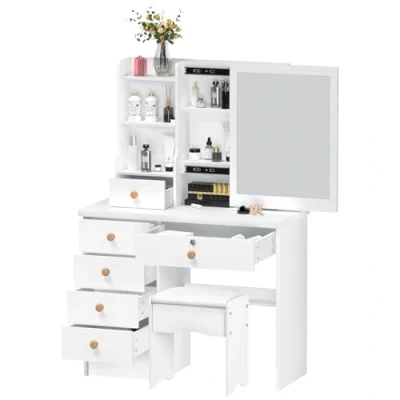 Image of loyliawa Dressing Table with LED Lights, Vanity Desk Sliding Mirror, Bedroom Adjustable Brightness Makeup 6 Drawers, Open Shelves, Hidden Storage Space White
