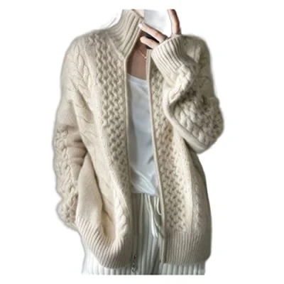 Image of VATIVA Woman 100% cashmere loose thin zipper sweater thick high necked knitted Cardigan (Color : ECRU, Size M)