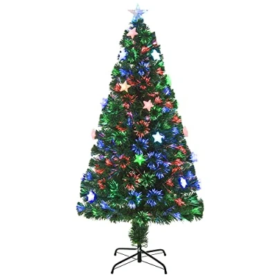 Image of HOMCOM 5FT Prelit Artificial Christmas Tree Fibre Optic Star LED Light Holiday Home Xmas Decoration with for Indoor Party, Green