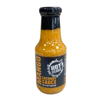 Image of Hot Headz! Mango, Habanero Pepper &amp; Coconut Sauce. Medium Heat Spicy Sweet Mango Sauce Perfect for Chicken, Pizza, Pasta Or Steak. Use As Marinade, Glaze, Dip. Gluten Free Vegan. (287ml)