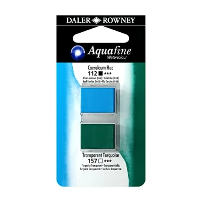 Image of Daler Rowney Aquafine Watercolour Paint, Blister Pack, Half Pan Pan, Coeruleum Blue Hue and Transparent Turquoise, 2 Pack