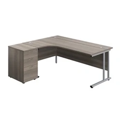 Image of 1800X1200 Twin Left Hand Radial Desk Grey Oak Silver + High Ped