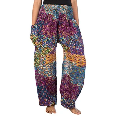 Image of Lofbaz Harem Pants for Women Yoga Boho Hippie Clothing Palazzo Bohemian Beach Trousers Maternity Pajama Indian Gypsy Travel Clothes Peacock 3 Purple M