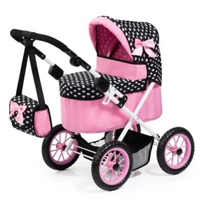 Image of Bayer Design 13060AA Dolls pram Trendy, height adjustable, foldable, bag, black, pink, white