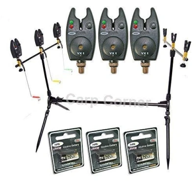 Image of NGT Carp Fishing Rod Pod 3x Black Bite Alarms With Volume Control Indicator Swingers &amp; Rests