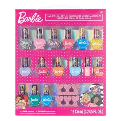 Image of Barbie Movie 18 Piece Kids Water Based Nail Polish Activity Makeup Set, Includes with Gems Wheel and File for Parties, Sleepovers Makeovers, Townley Girl