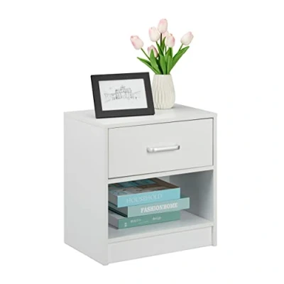 Image of Relaxdays Night Stand, Side Table, Drawer, H x W D: approx. 41.5 39 31 cm, MDF, White, Fibreboard