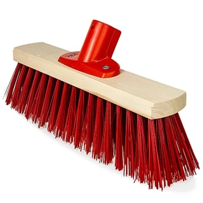 Image of 12&quot; Wooden Broom Head with Stiff Hard Red Bristle Brush Garden Outdoor for Yard Sweeping Wood Fitted Handle Bracket