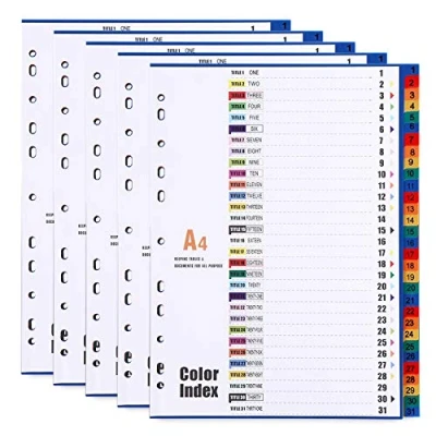 Image of A4 Plastic File Dividers 31 Part Index 1 (5 Pack) Subject with Reinforced 11 Holes &amp; Content List, Multi Colour Pre Printed Number Tabs