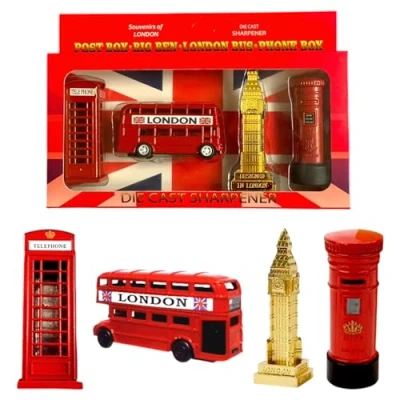 Image of London Souvenir Sharpener Set, Pencil Sharpeners Set of 4 Pieces, British Collectable Die Cast Famous Icons Multicolor
