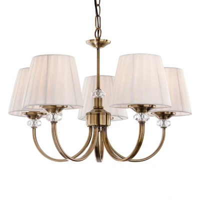 Image of Langham 5 Light Multi Arm Chandelier Antique Brass, Pleated Cream Shades, E14