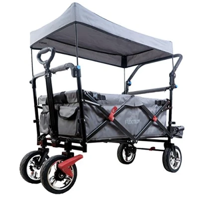 Image of FUXTEC folding/foldable wagon hand cart garden trolley carriage of children outdoor transport fishing hiking removable canopy interior extension dual brake system CT800