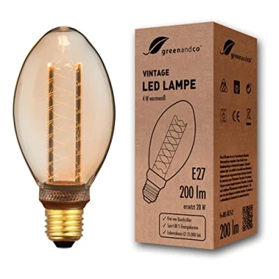 Image of greenandco Vintage Design LED Bulb for Mood Lighting E27 B75 Amber 4W 200lm 1800K Extra Warm White 320 230V Flicker Free Non dimmable Edison