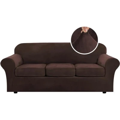 Image of LINGKY Velvet Sofa Cover 3 Seater With Separate Seat Cushion Covers, Stretch Couch Non Slip Slipcovers for Living Room Furniture Protector (Brown,3 Seater)