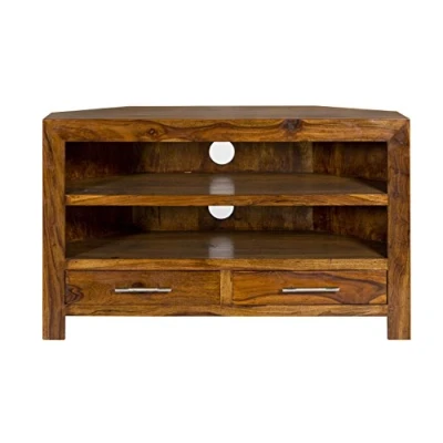 Image of Cube Indian Rosewood Corner TV Unit/Solid Sheesham Cabinet/Modern Living Room Furniture