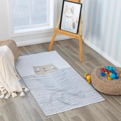 Image of Livabliss Cat Washable Kids Rug Childrens for Bedroom 80x150 cm , Machine Animal Girls &amp; Boys Rug, Playroom and Nursery Rugs Girl or Boy Baby Carpet, Cream