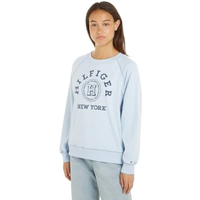 Image of Tommy Hilfiger Women&#039;s Reg Varsity Raglan Sweatshirt Ww0ww41239 Heavyweight Sweatshirts, Blue (Breezy Blue), XXL