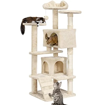 Image of Yaheetech 138.5cm Cat Tree Scratching Posts Tower Activity Centre Climbing House with Ladder for Indoor Cats, Beige