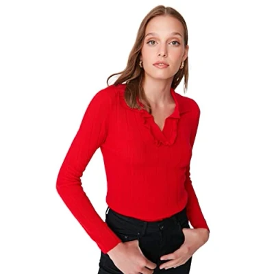 Image of Trendyol Women Regular Basic Polo Neck Knitwear Sweater Red