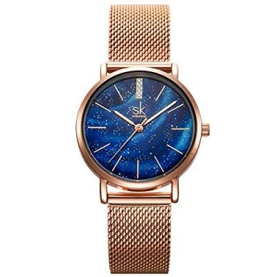 Image of Alienwork Women Watch Watches for Ladies Girls Stainless Steel Metal Mesh Strap Rose Gold Analogue Quartz Blue Waterproof Ultra Thin Slim Elegant