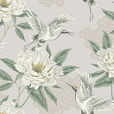 Image of Grandeco Flying Cranes Floral Geometric Wallpaper Neutral 178302
