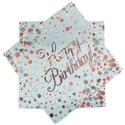 Image of Oaktree Happy Birthday Sparkling Fizz Rose Gold 33cm x 3 ply Napkins 16pcs