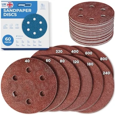 Image of Effektwerk Sanding Discs (60 Pack, 6 Holes), 150mm Sandpaper for Orbital Sanders, Self Adhesive w/Hook &amp; Loop Closure, Fine Coarse Grinding w/ 40, 60, 80, 120, 180, 240, 320, 400, 600, 800 Grits