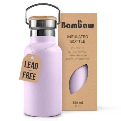 Image of Bambaw Insulated Water Bottle 350ml, Purple Bottle, Stainless Steel Leakproof Metal, Drinking Bottles for Adults, Metal Flask Lavander Haze