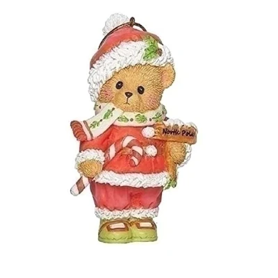 Image of Roman Inc. Cherished Teddies 3.75&quot; H Santa Bear Holding Candy Cane and North Pole Sign Ornament 135573