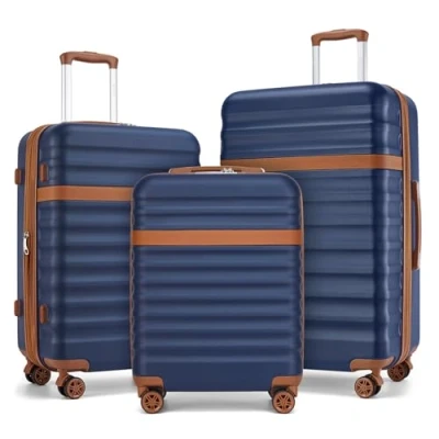 Image of Kono Luggage Sets Hard Shell Suitcase of 3 Piece ABS+PC Lightweight Travel Trolley with TSA Lock Spinner Wheels (Navy/Brown)