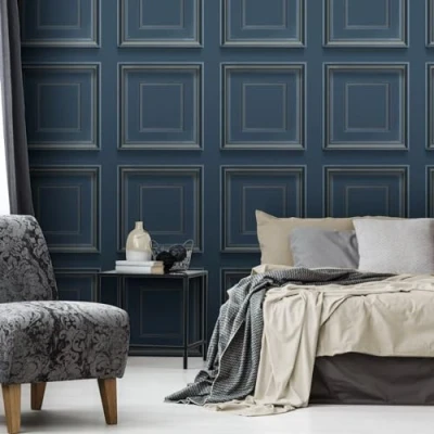 Image of SOPHIE LAURENCE Navy Panel Effect Wallpaper Metallic Realistic 3D Wooden Panelling Paste The Paper for Living Room Bedroom Feature Wall (Sample)