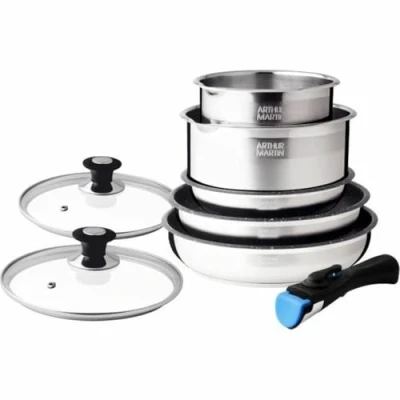 Image of Arthur Martin AM2493 8 Piece Stainless Steel Kitchen Cookware Set with Removable Handle for All Heat Sources Including Induction