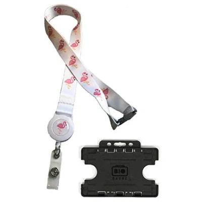 Image of 20mm Flamingo Badge Reel Lanyard with Safety Breakaway and Double Frosted Horizontal Card Holder (Flamingo)