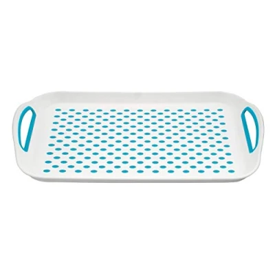 Image of Anti Slip Serving Tray Rectangular Non Top Bottom Plastic Tray, Strong Grip Rubber Surface, Kitchen for Food Serving, Easy Handles, Sturdy Dinner/Drinks Breakfast (Blue, Pack of 1)